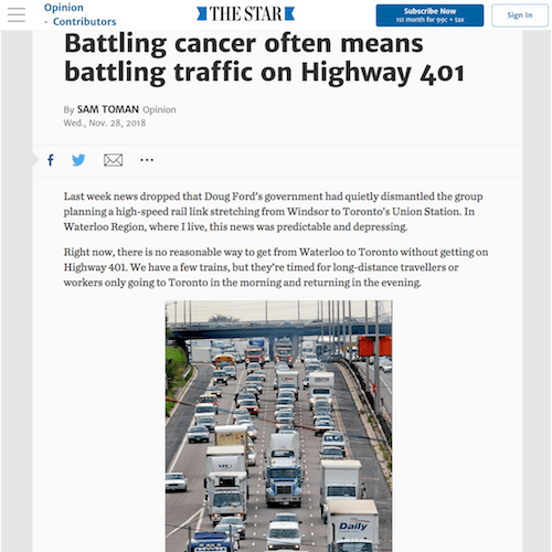 Battling cancer often means battling traffic on Highway 401 article on The Star.