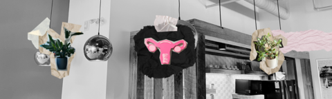 Minimal collage of plants and menstrual hygiene products against a black and white background.