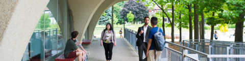 Students walking outside the Dana Porter library