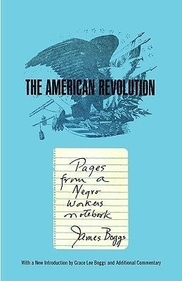 light blue background with an eagle sketch in the middle, a lined piece of paper with handwriting that displays the text "pages from a negro workers notebook, james bogg"