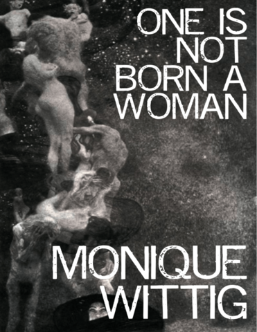 A book jacket for One is Not Born a Woman by Monique Wittig with the title and author name in capitalized white letters against a grainy, gray abstract background depicting people.