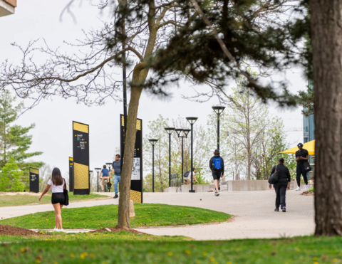 Students walking across the outdoor pathways of the UW campus