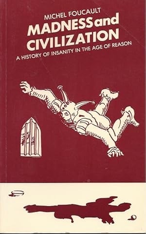 a sketch of a jester falling from the sky, with white text above it, displaying "madness and civilization" on a solid red background