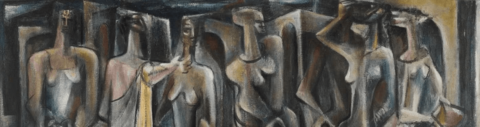 Painting of abstract human figures side by side