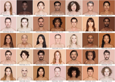 A 7x5 grid of a diverse range of people facing frontwards with their skin tones as the background and coded into the caption.