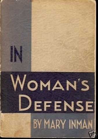 A beige and blue abstract book cover of Mary Inman's "In Woman's Defense"