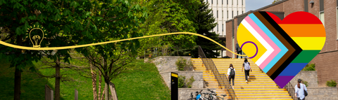 A campus scene with the pride progress flag in a heart