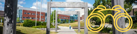 Entrance to the University of Waterloo with a yellow binocular icon.