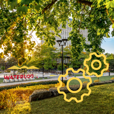 University of Waterloo sign with a yellow gear icon.