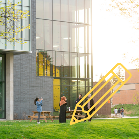 University of Waterloo campus with a yellow pencil icon