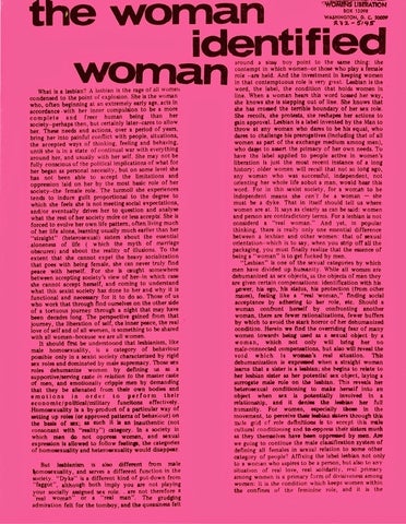 An image of a two column scanned manuscript of the Woman Identified Woman by Radicalesbians in black text against a pink background.