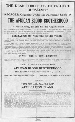 Scanned image of a call-to-action poster by the African Blood Brotherhood calling for organization against the Klu Klux Klan.