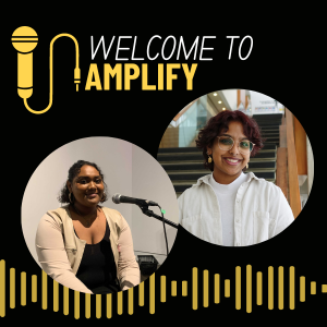 Yellow microphone with text "Introducing Amplify" and the photos of Ola and Binuki on a black background