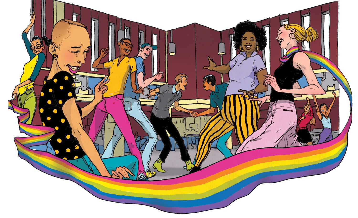 A colourful illustration of eight people dancing in a classroom with a rainbow ribbon surrounding them