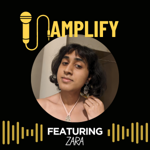 Yellow microphone with the text "Amplify featuring Zara"