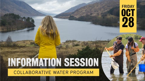 Collaborative Water Program banner featuring a person with long blond hair wearing a yellow jacket look out into a body of water. In the corner of the banner, three people are standing in water with nets.