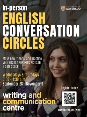 English Conversation Circles text in yellow and white on an image of a student looking to the left