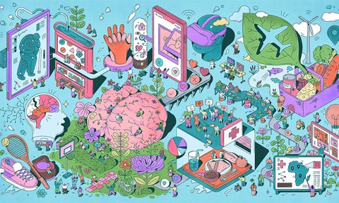 Illustrations showing the many social, physical and lifestyle aspects of health.