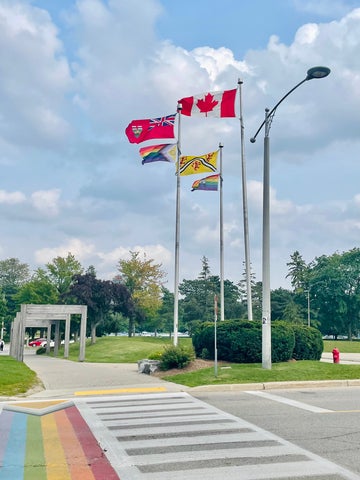 pride sidewalk and flag