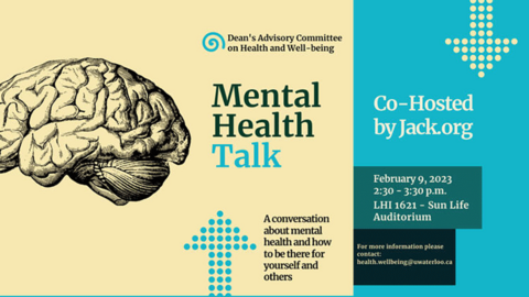 Mental health talk poster with illustration of human brain.