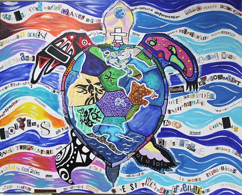 Colourful cultural symbols are placed in the shape of a turtle. The background features colourful waves with words created by magazine clippings throughout.