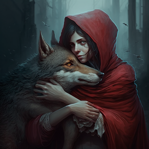 An illustration of a female in a red hood depicting Little Red Riding Hood with a wolf