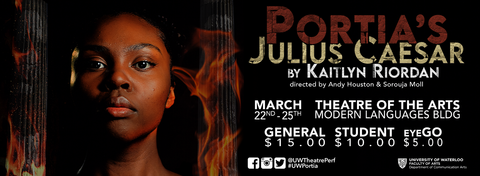 Portia's Julius Caesar event banner featuring a woman surrounded by fire