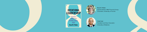 Rose M Patten's Intentional Leadership book with her profile photo and Vivek Goel as moderator of the event