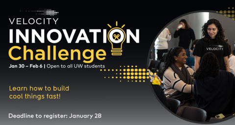 Innovation challenge event banner featuring attendees at a Velocity event