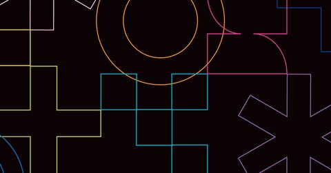 Black backdrop with colourful shapes overlayed 