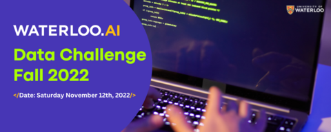 Waterloo.AI Data Challenge Fall 2022 event banner with a laptop on a purple background