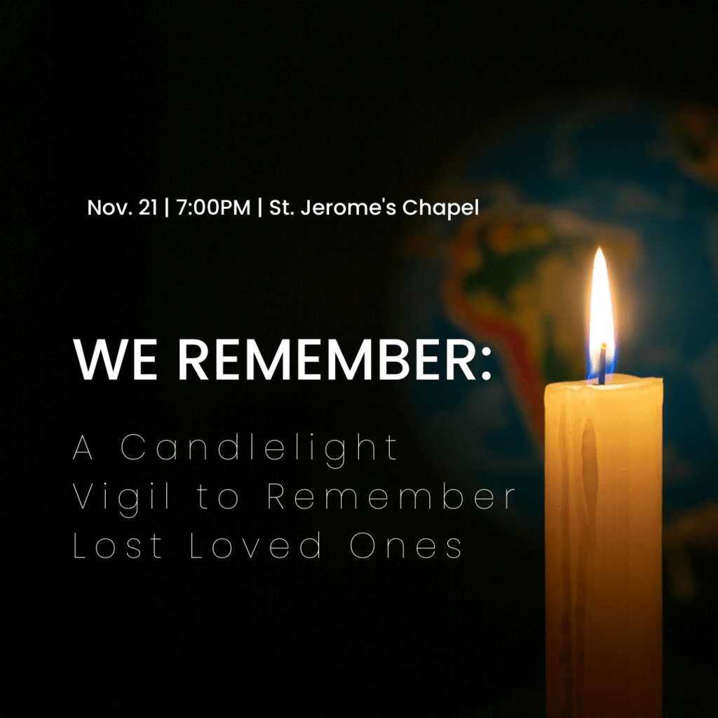 A lit candle with 'we remember' text