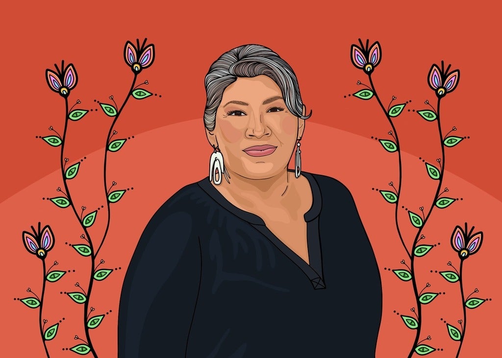 Illustration of Kim TallBear with stylized flowered vines in the background
