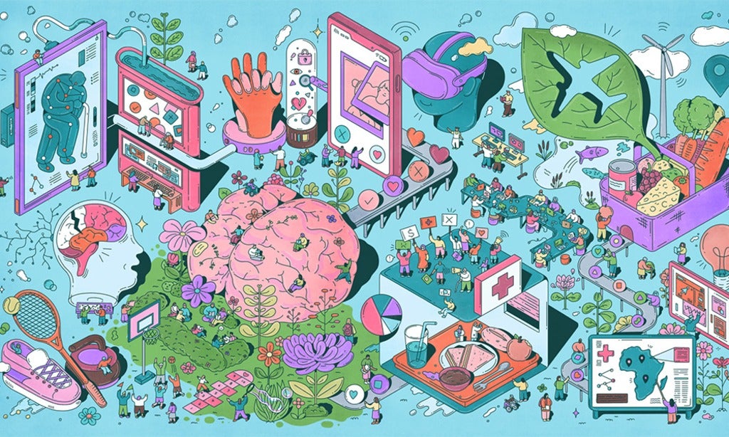 Illustrations showing the many social, physical and lifestyle aspects of health.