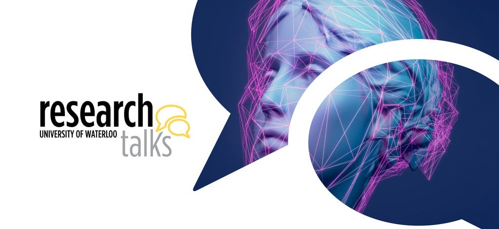 Research talks banner with an illustration of woman's face with neon lines outlining features