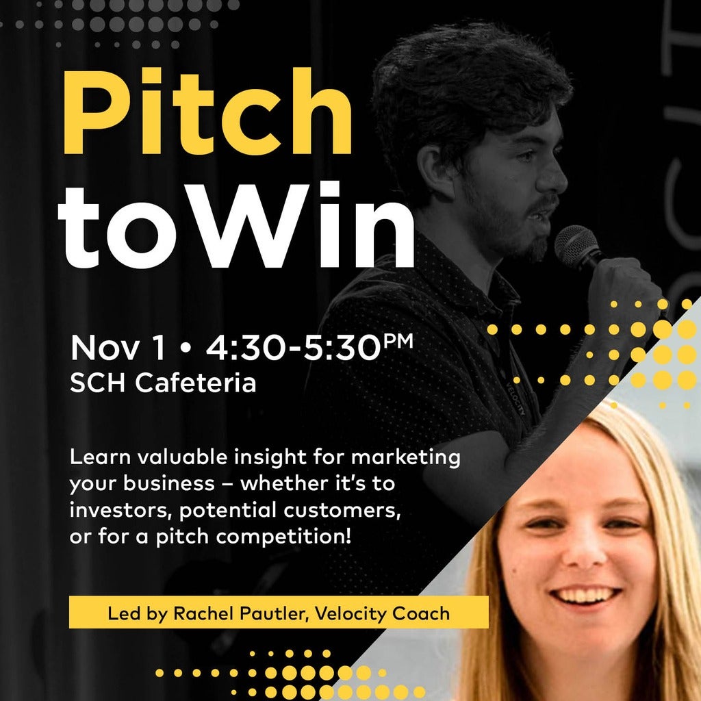 Pitch to win event graphic featuring Rachel Pautler