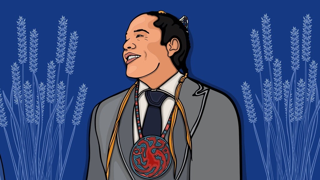  cartoon digital drawing of Jordan Jamieson smiling wearing a suite 