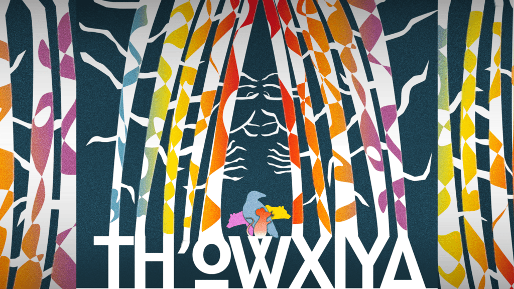 An illustration featuring a spirit figure peering out from behind volourful patterned trees