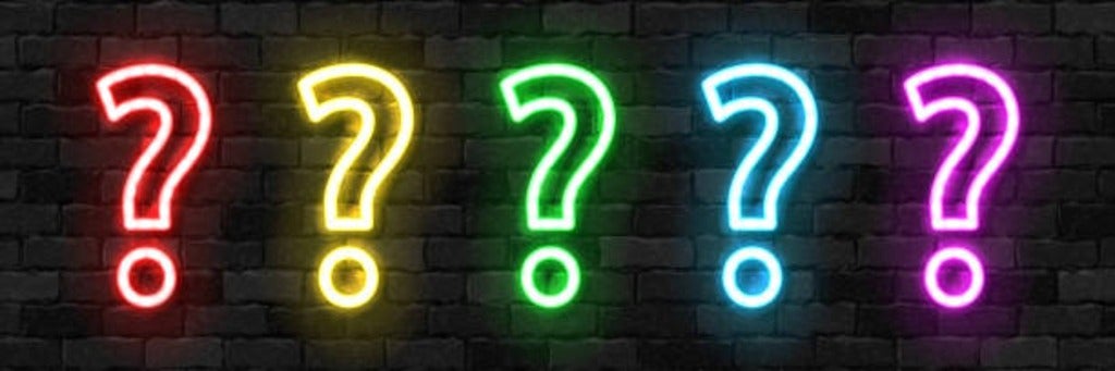 Five question marks in neon colours