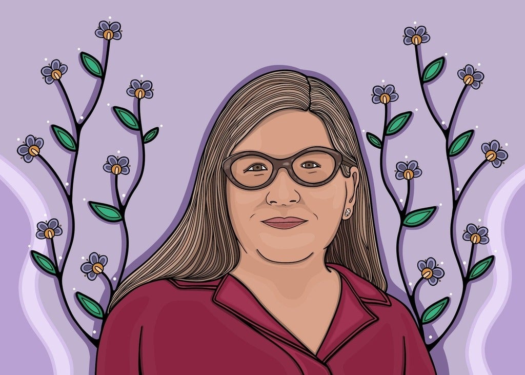 Illustration of Sarah Deer against a background of flowing vines
