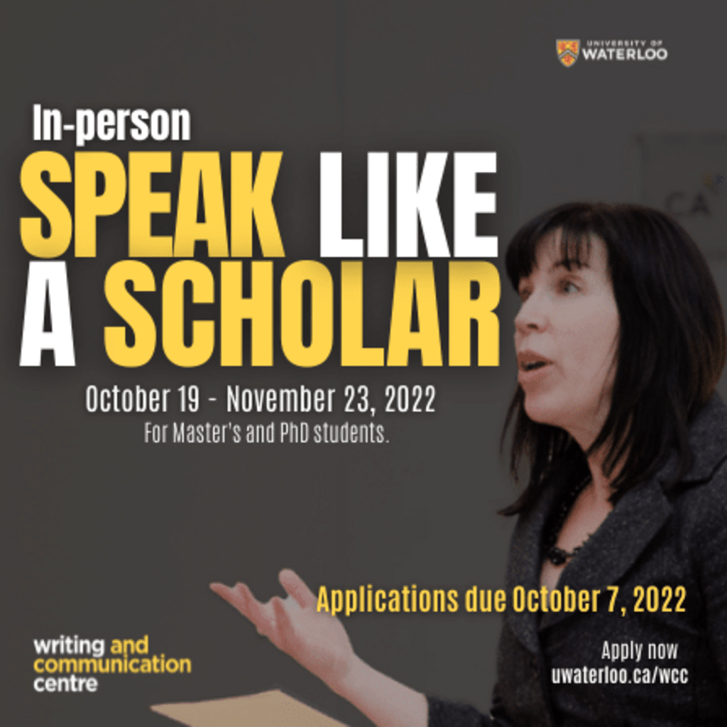 Speak like a scholar text with someone presenting on the right of the image