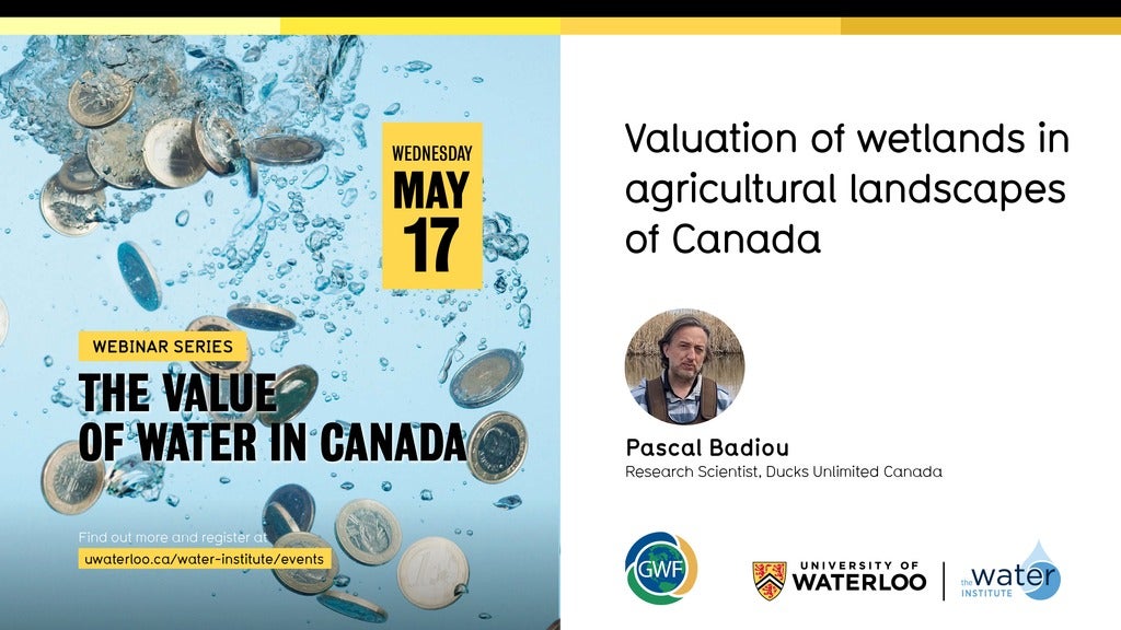 The Value of Water in Canada banner featuring an image of coins sinking in water and a profile photo of Pascal Badiou