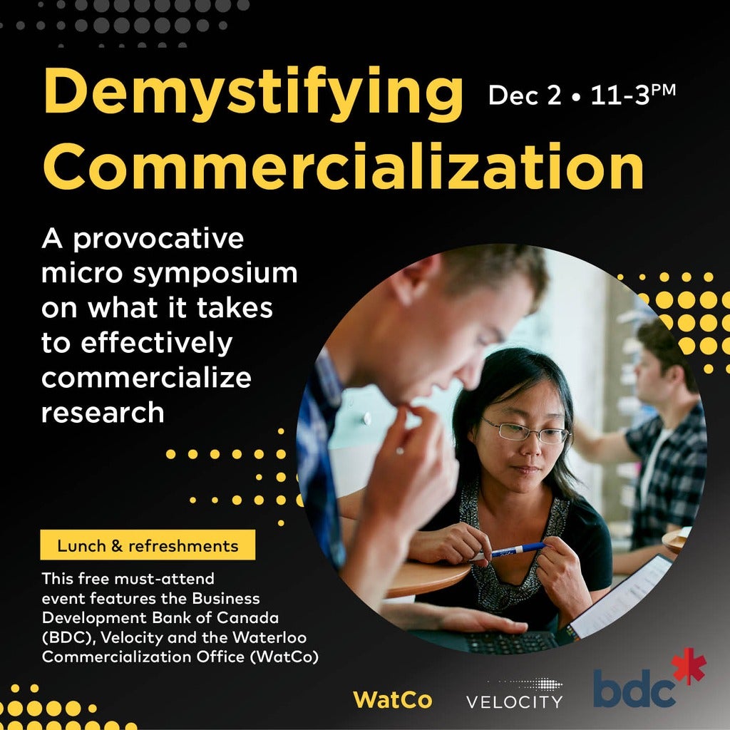 Demystifying Commercialization event image with an image of a professor and student