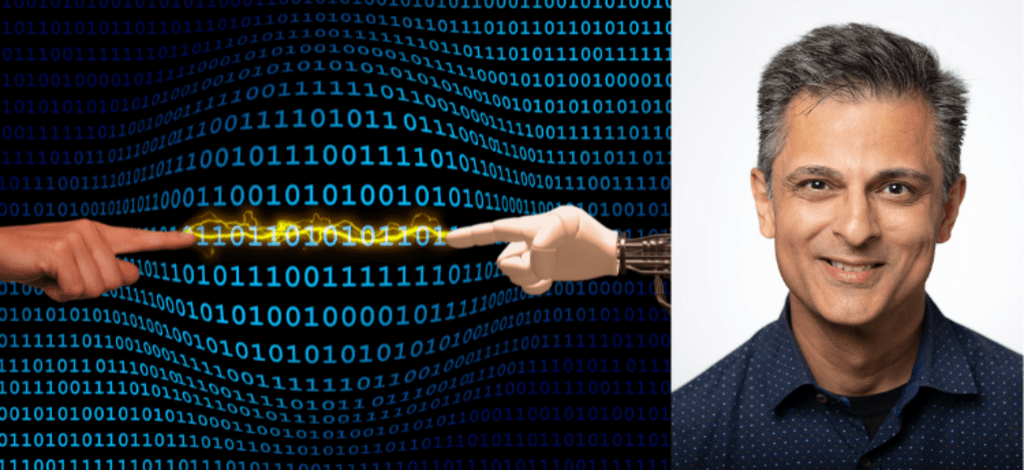 Finger pointing to binary numbers featuring Dr. Muhammad Mamdani