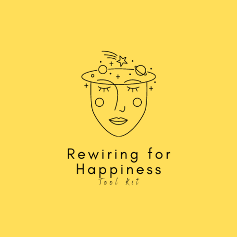 A hand drawn face with the caption, "Rewiring for Happiness."