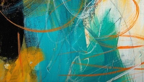 An abstract painting featuring gold lines over a teal background