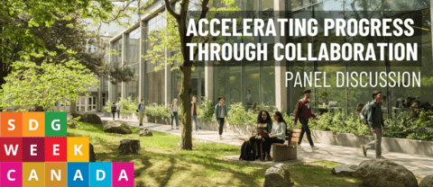 Accelerating progress through collaboration event banner with students walking on campus in the background