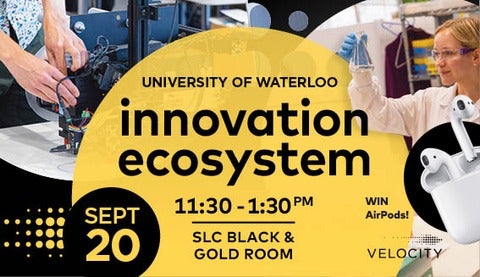 Innovation ecosystem banner image with person in a lab coat holding a beaker and a set of hands working on robotic parts.