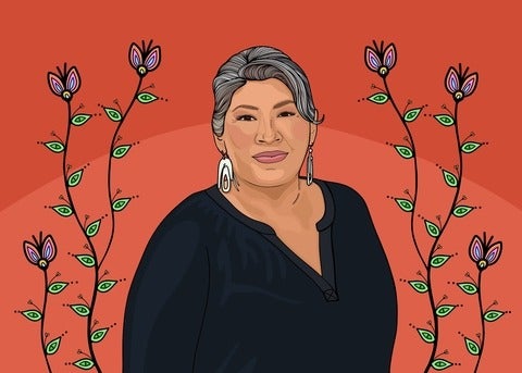 Illustration of Kim TallBear with stylized flowered vines in the background