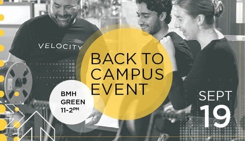Back to campus event banner with three people smiling at an object